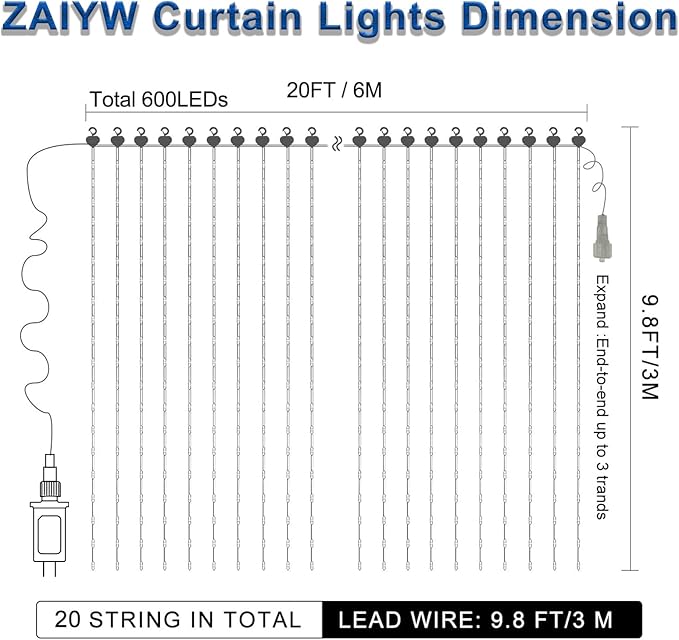 ZAIYW Dual Color Curtain Lights 20ftx10ft 600 LED Christmas Curtain Lights with Remote Plug, Connectable Lights Curtain for Bedroom Patio Wedding Xmas Decor (Cool White & Multicolor)