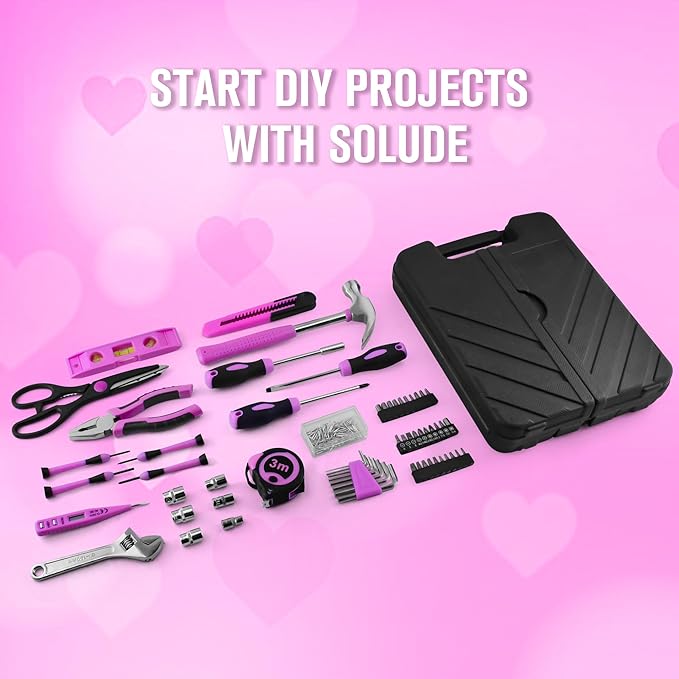 SOLUDE Pink Tool Set,206-Piece Home Tool Kit for Women Girls Ladies,Basic Household Toolkits for New Apartment Garage Office College Dorm & DIY Projects
