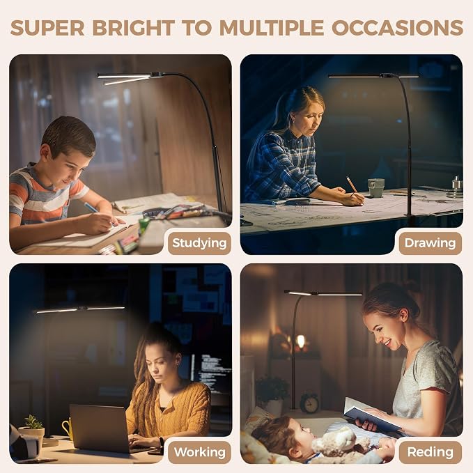 Voncerus LED Desk Lamp for Home Office, Double Head Desk Light with Clamp | 3 Modes 10 Brightness, Long Flexible Goose-Neck, Eye-Caring, Memory Function, Energy Efficient, USB Adapter, Metal, Black