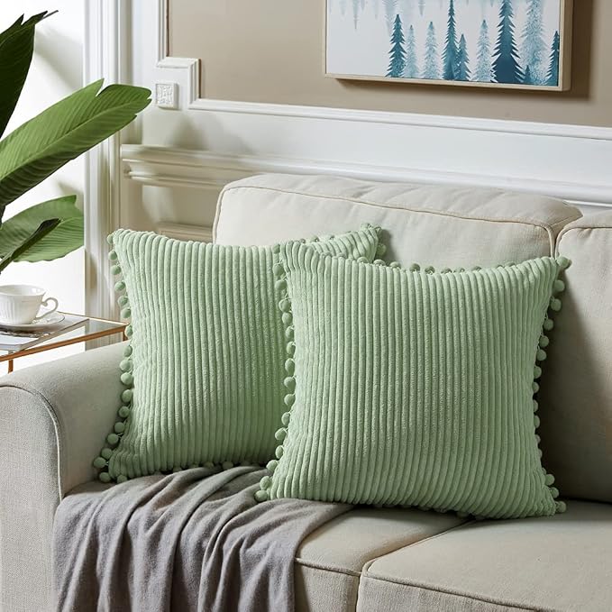 Fancy Homi Set of 2 Sage Green Decorative Throw Pillow Covers 14x14 Inch with Pom-poms for Couch Bed Sofa, Modern Farmhouse Boho Home Decor, Soft Plush Corduroy Cute Cushion Case 35x35 cm