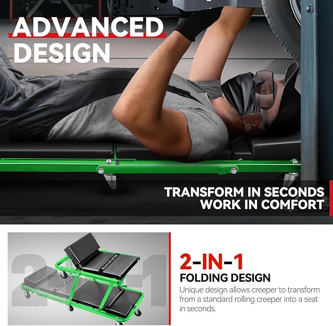Auto Dynasty 48" Z-Creeper Seat, 2-in-1 Foldable Garage Rolling Creeper Shop Seat, 330 LBS Capacity Automotive Mechanic Under Car Repair Tool, Green