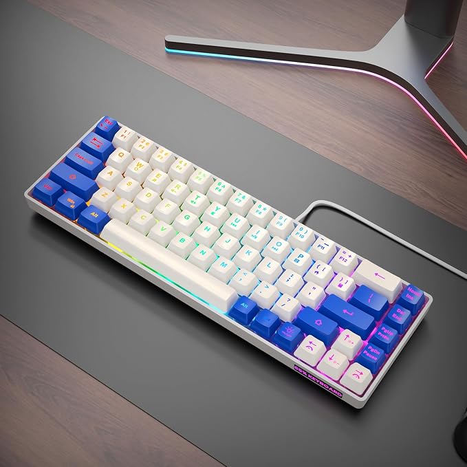GEODMAER 65% Gaming Keyboard, LED Backlit Mini Wired Keyboard, Ultra-Compact Anti-Ghosting No-Conflict 68 Keys Membrane Gaming Wired Keyboard for PC Laptop Windows Gamer(White-Blue)