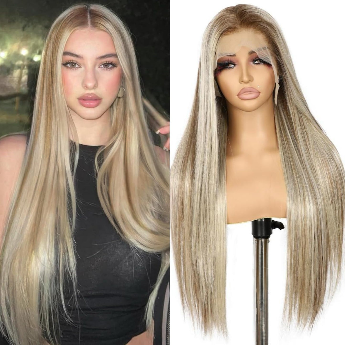 Sapphirewigs 13 6 Synthetic Lace Front Wigs Long Straight Hair Pre Plucked Highlight Ash Blonde With Brown Lace Wigs For Women