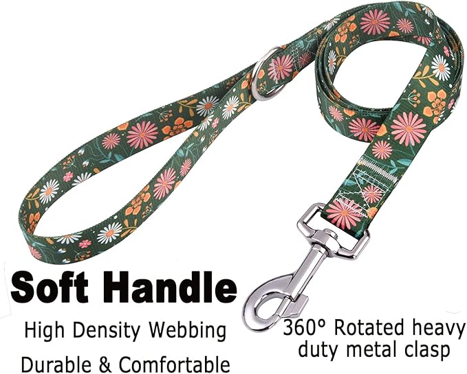 Dog Collar and Leash Set with Bohemia Floral Tribal Geometric Patterns - Soft Ethnic Style Collar Adjustable for Small Medium Large Dogs(Dark Green Flower Set,L)