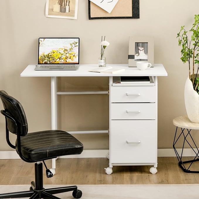 Folding Computer Desk with 6 Wheels, 41.5" Modern Steel Collapsible Home Office Desk with 3 Storage Drawers, Portable Writing Laptop Desk for Bedroom, Study, Small Space, Home Office, White