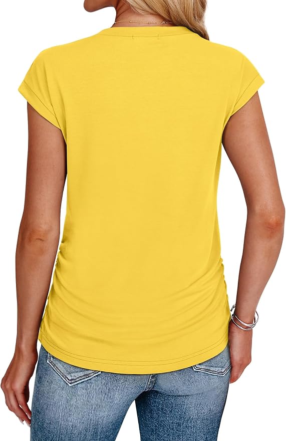 Sampeel Womens Summer Tops Trendy 2026 Ruched Cap Short Sleeve Tshirts Shirts Crew Neck T Shirts Fashion