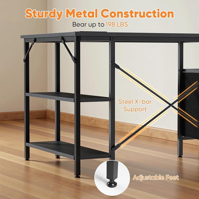 DUMOS L Shaped Desk with Drawers, Gaming Desk, 47 Inch | Power Outlet, Study Table, Adjustable Shelves, Home Office, Corner Computer Workstation, Bedroom, Black