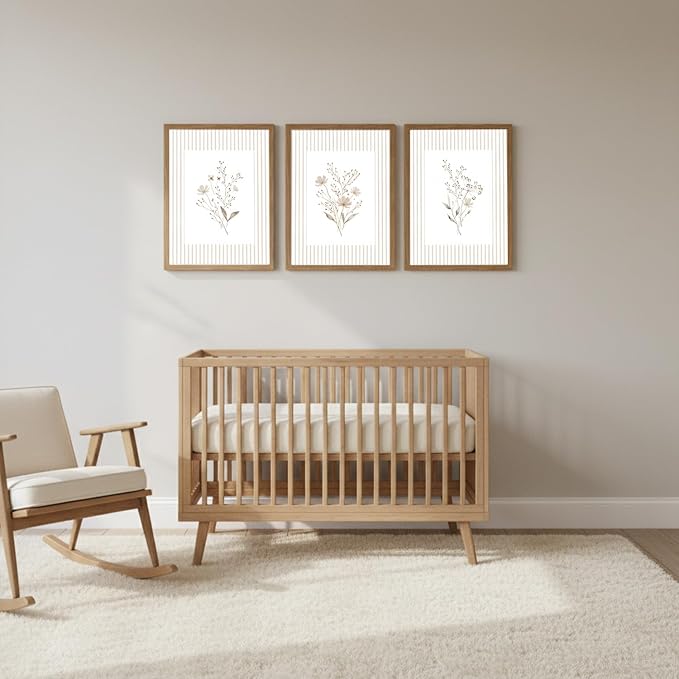 Neutral Wildflower Wall Art Set of 3, Vintage Flower Botanical Wall Decor Canvas Prints Pictures, Rustic Cottagecore Striped Floral Painting for Living Room Bedroom 16x24 Inch Wood Framed