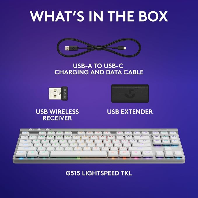 Logitech G515 Lightspeed TKL Wireless Gaming Keyboard (Linear) - White | LIGHTSPEED, low profile gaming, LIGHTSYNC RGB, thin tenkeyless, double-shot PBT keycaps, mechanical switches