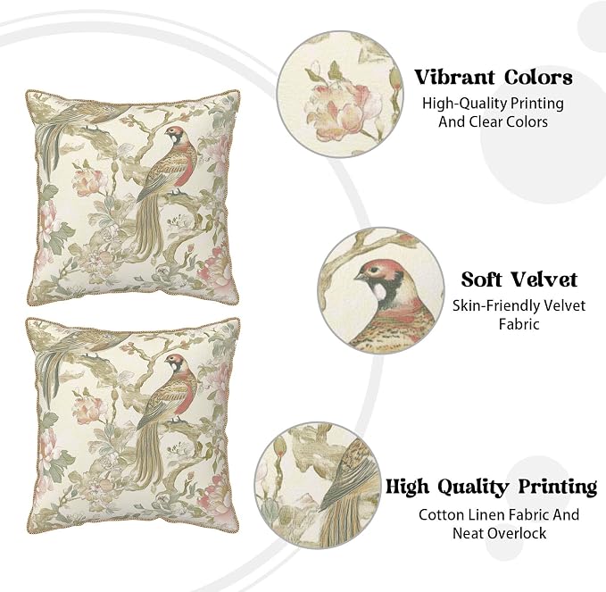 Vintage Cream Chinoiseriel Soft Velvet Throw Pillow Covers Set of 2 Bird Floral Flowers Leaves Decorative Pillow Covers 18x18 Inch Rustic Farmhouse Pillow Case For Sofa Couch Living Room Home Decor