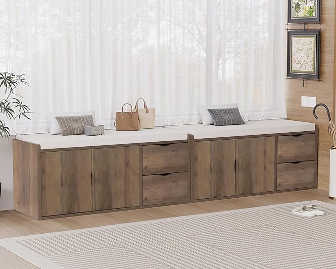 LVB Entryway Bench with Storage, 40” Storage Bench with Padded Cushioned Seat, Farmhouse Shoe Bench with 2 Drawers Cabinet Shelf, Industrial Wood Shoe Rack Bench for Living Bedroom,Rustic Oak, 40in