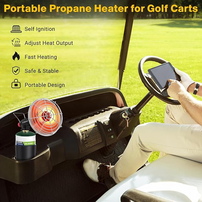 Golf Cart Heater,9200BTU Outdoor Portable Propane Camping Heater with Golf Cart Cup Holder & Self Ignition for EZGO Yamaha Club Car,Most Golf Cart - Fuel Cylinder not included