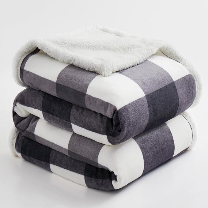 PU MEI Sherpa Blanket Fleece Throw Blanket Twin Plaid Thick Bed Blanket, Soft Warm Cozy Dark Grey Checkered Throw Blanket 60"*80"