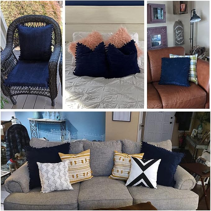 Fancy Homi Pack of 2 Decorative Throw Pillow Covers with Pom-poms, Soft Corduroy Solid Square Cushion Case Pillow Cases Set for Couch Sofa Bedroom Car Living Room (22x22 Inch/55x55 cm, Navy Blue)