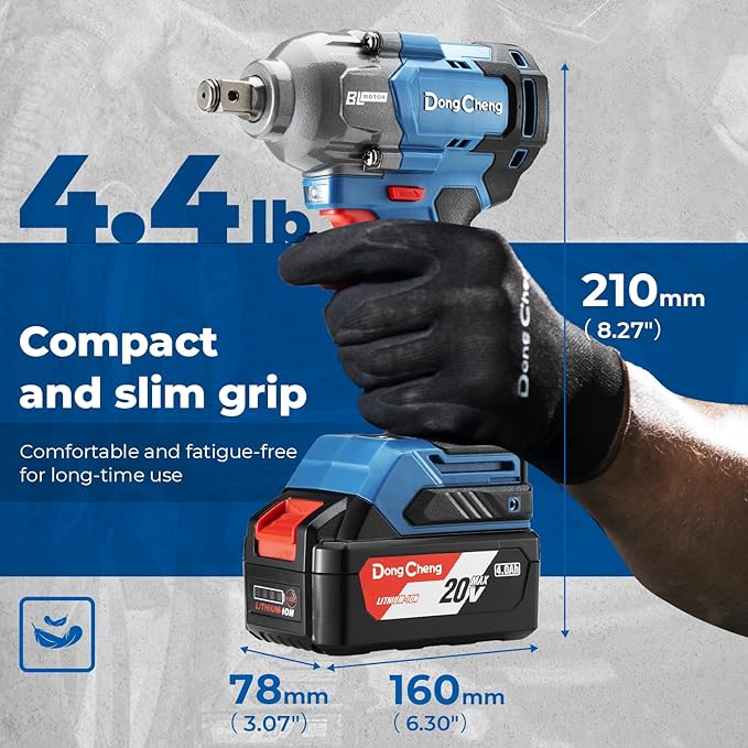 Dong Cheng 20V Brushless Impact Wrench, Max Torque 360 ft-lbs (488N.m), 1/2 inch with 3 Mode Speed, 2400 RPM Cordless Impact Gun, Includes 4.0Ah Battery, Charger, 4 Impact Sockets and Kit Bag