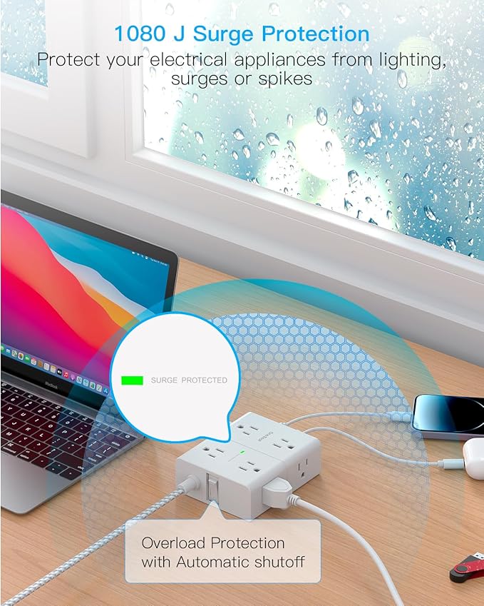 25Ft Extension Cord with Multiple Outlets, Flat Plug Power Strip Surge Protector 25 Ft Long Cord, 8 Outlet 4 USB Ports (2 USB C), Multi Outlet Wall Plug for Office, College, Dorm Room Essentials