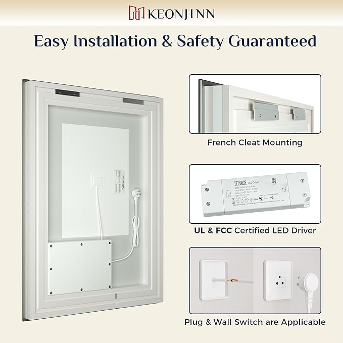 Keonjinn 96 ” x 36 ” Lighted Mirror for Bathroom Wall, LED Mirror with Frontlit & Backlit, Large Bathroom Mirror with Lights, Dimmable 3-Color Lights, HD Tempered Glass, UL-Listed LED Driver