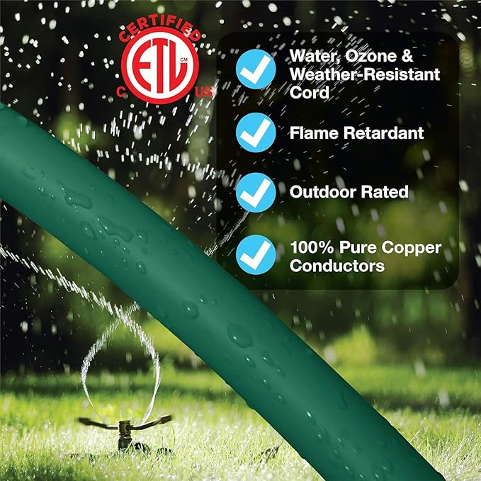 Clear Power Outdoor Extension Cord - 15 FT, Green | Lawn & Garden, 16/3 SJTW, Water & Weather Resistant, Flame Retardant, 3 Prong Grounded Plug, Perfect for Christmas and Holiday (CP10198)