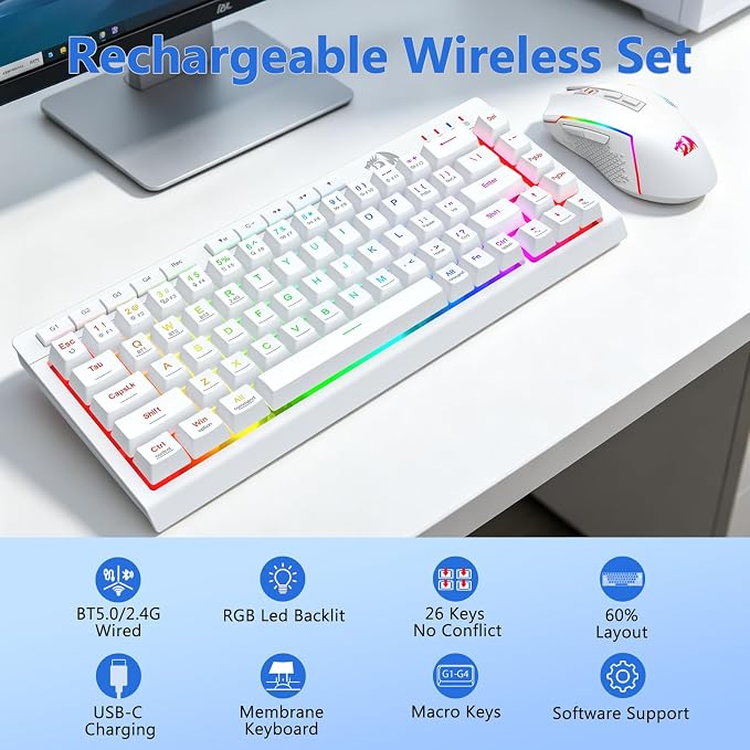 Redragon Wireless Gaming Keyboard and Mouse Combo, 60% Portable, White | Bluetooth/2.4G/USB-C Wired, RGB Backlit, Quiet Rechargeable Macro Membrane Keyboard & 12800 DPI Mouse for Win/MAC