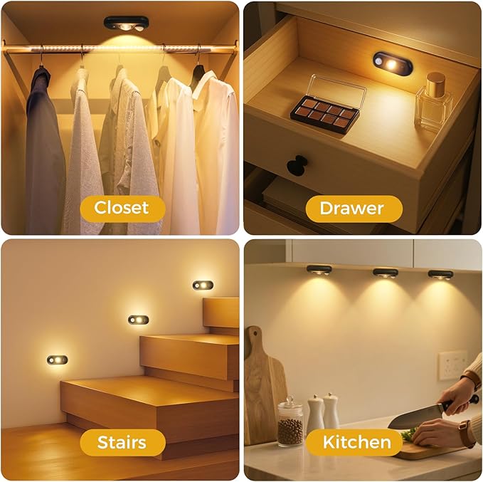 LED Motion Sensor Puck Lights, Small Rechargeable Under Cabinet Light, Dimmable Warm White Closet Lights, Wireless Under Cabinet Lighting for Drawer, Kitchen (8 Pack, Black)