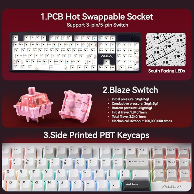 AULA F106 Pro Wireless Keyboard Full Size Mechanical Gaming Keyboards | Full Size,Hot Swappable Custom,8000mAh,RGB Backlit,Creamy Pre-lubed Blaze Switches,PBT Keycaps,Tri-Mode BT/2.4GHz/USB-C