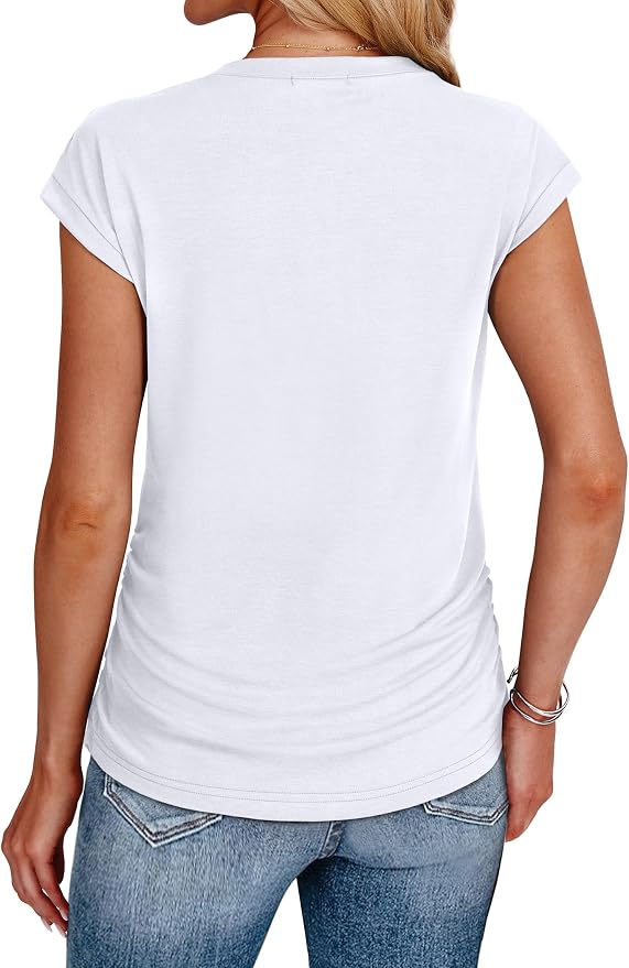 Sampeel Womens Summer Tops Trendy 2026 Ruched Cap Short Sleeve Tshirts Shirts Crew Neck T Shirts Fashion