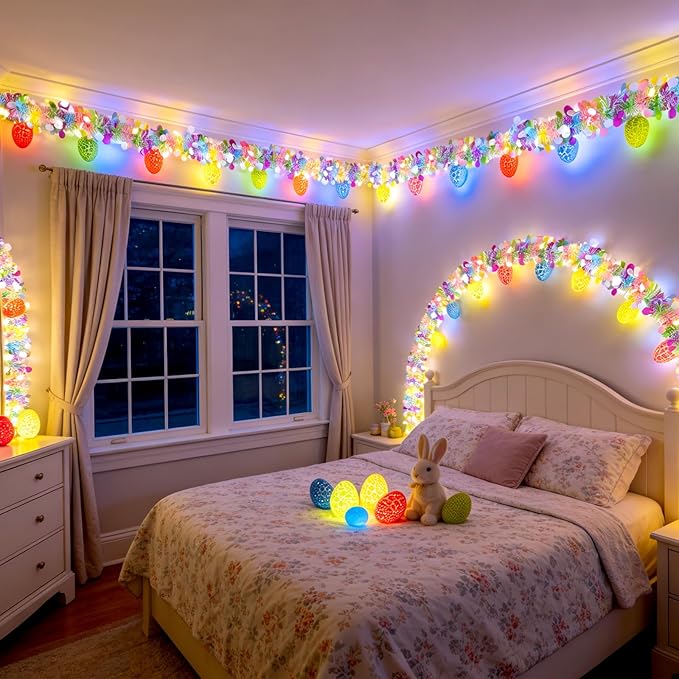 8.5Ft Easter Garland Lights with 10L LED Easter Egg String Lights Plug in and Pastel Tinsel Spring Garland Decorations for Indoor Holiday Home Bedroom Classroom Easter Decor