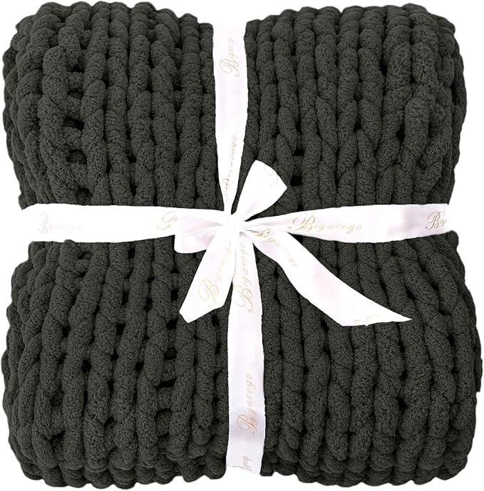 Bigacogo Chunky Knit Throw Blanket for Couch, 40x60 inches, Dark Grey | Hand Knit with Jumbo Chenille, Soft Breathable Cable Knit for Sofa Bed Living Room, Machine Washable, Gift for Mom Friend