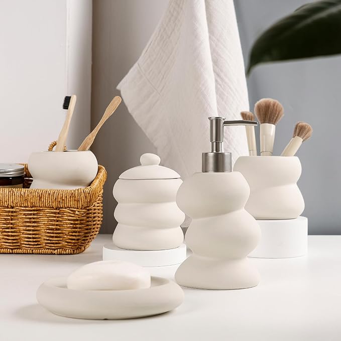 Bathroom Accessory Set 5PCS, Ceramic Bathroom Accessories Set, Irregular Shape Small Bathroom Sets Accessories Complete, Home Apartment Minimalist Decor Vanity Countertop, Beige, ANTIS'S HOME