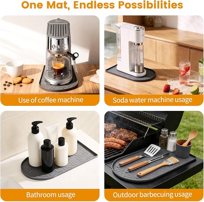 Silicone Coffee Mat,15.8"x7.9" Coffee Bar Mats for Countertop,Espresso Mat, Silicone Heat Resistant Mat for Espresso Machine/Coffee Maker( (GREY)