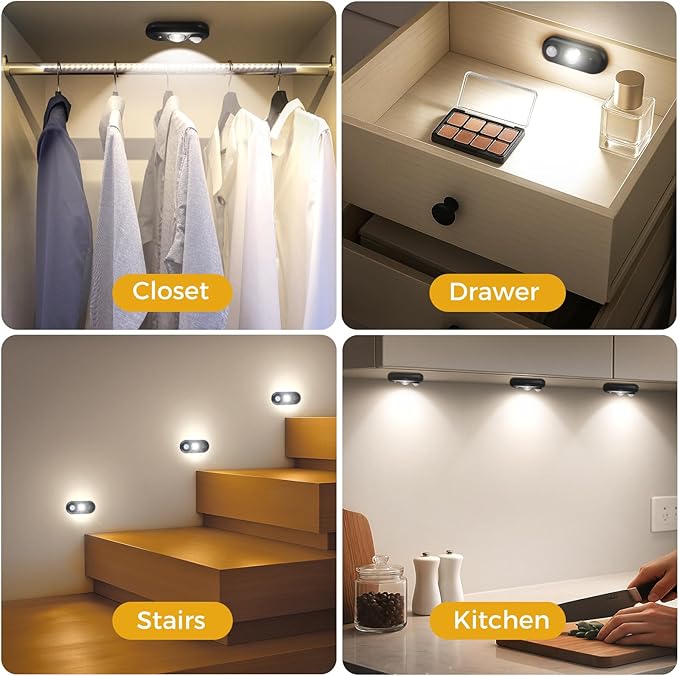 LED Motion Sensor Puck Lights, Small Rechargeable Under Cabinet Light, Dimmable Daylight White Closet Lights, Wireless Under Cabinet Lighting for Drawer, Kitchen (4 Pack, Black)