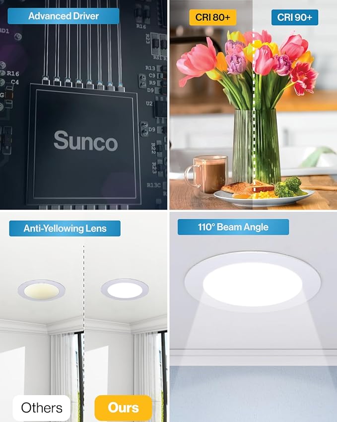 Sunco 96 Pack 6 Inch Ultra Thin LED Recessed Ceiling Lights, Slim Canless with Junction Box, 850 LM, 5000K Daylight, Dimmable, 14W=100W, Wafer Thin, 50000 Lifetime Hours ETL.