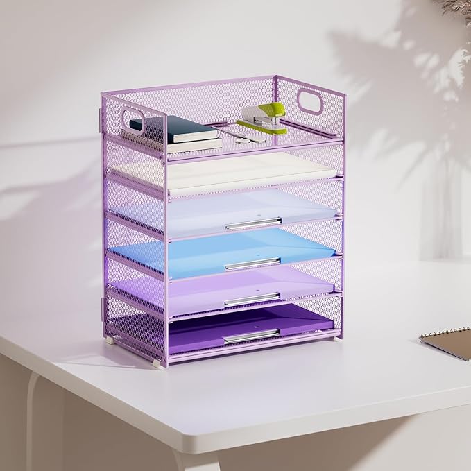 Marbrasse 6 Tier Paper Organizer Letter Tray - Mesh Desk File Organizer with Handle, Paper Sorter for Letter/A4 Office File Folder Holder - Purple