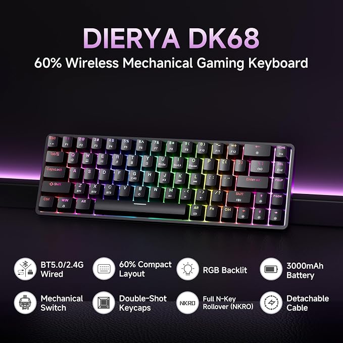 DIERYA DK68 60% Wireless Mechanical Gaming Keyboard, 3-Mode, Bluetooth 5.0/2.4G/USB-C, RGB Backlit, 68-Key Compact Mini for Windows, Mac, Linux - Linear Red Switch - Black