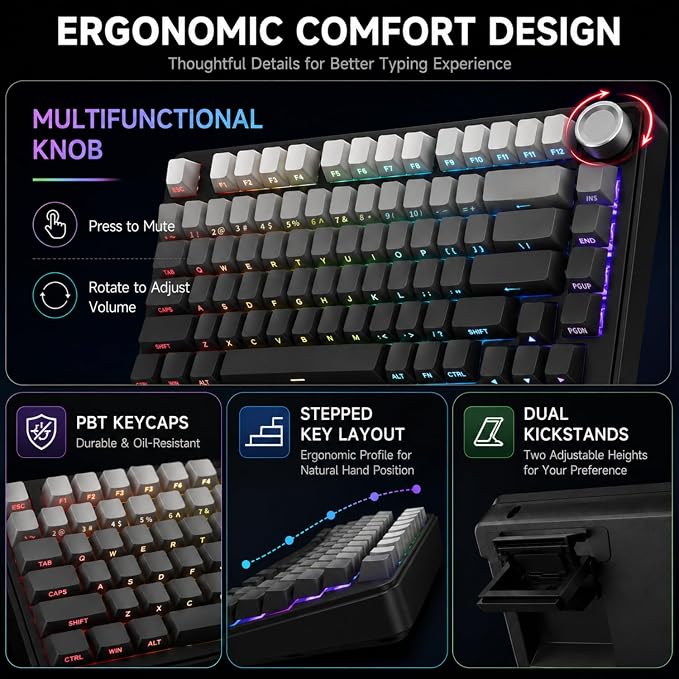 AOC GK330 75% Wireless Mechanical Gaming Keyboard, Hot-Swappable 3-Mode RGB | BT/2.4GHz/USB-C Connectivity, Pre-Lubed Reaper Switches, Anti-Ghosting, Gasket Mount and 5-Layer Sound-Dampening Padding