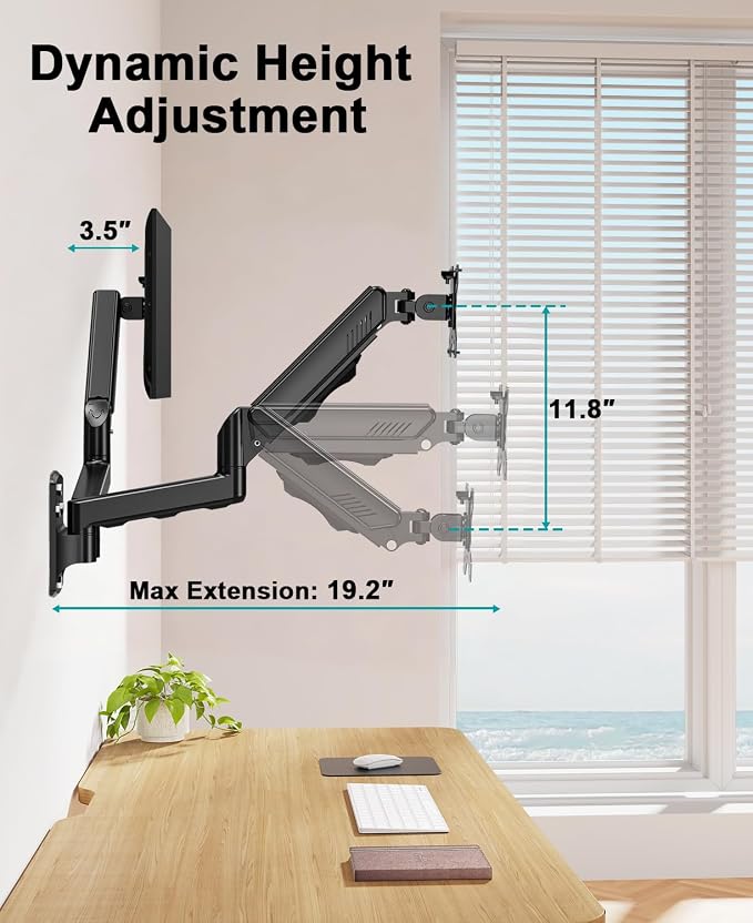 MOUNT PRO Dual Monitor Wall Mount for 2 Computer Screen up to 32 Inch, Gas Spring Double Monitor Arm Holds Up to 19.8lbs Each, Full Motion Adjustable Wall Monitor Mount, VESA Mount 75x75/100x100
