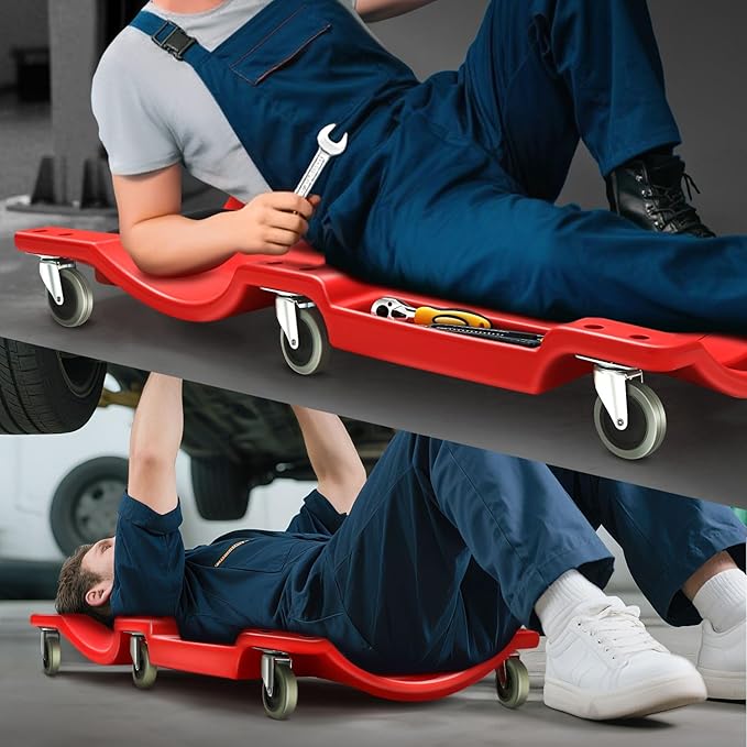 DNA MOTORING 40 Inch Mechanic Creeper, Blow Molded Low Profile Rolling Garage Creeper, w/Padded Headrest, Dual Tool Trays, 350lbs Capacity, Red, TOOLS-00005
