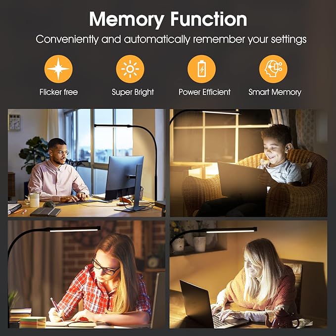 Voncerus LED Desk Lamp with Clamp, Clip on Lights for Home Office, Black | 3 Modes 10 Brightness, Long Flexible Goose-Neck, Eye-Caring, Memory Function, Energy Efficient, USB Adapter, Metal