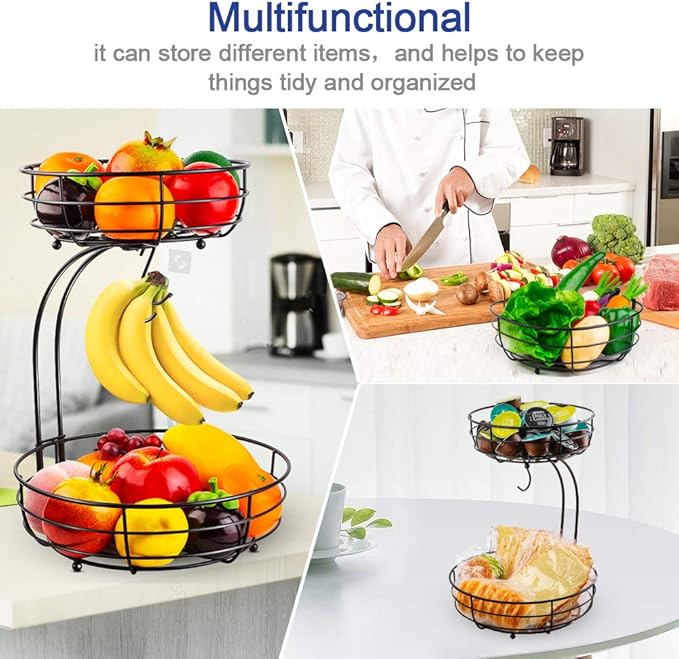 Auledio Iron 2-Tier Countertop Fruit Vegetables Basket Bowl Storage With Banana Hanger, Black, 64 ounces