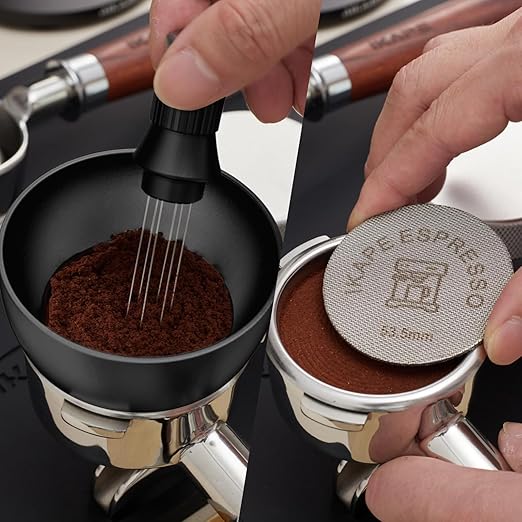 IKAPE Dosing Funnel Set Black, 53mm Espresso Dosing Ring & Puck Screen Kit Compatible with 53 mm Bottomless Portafilter