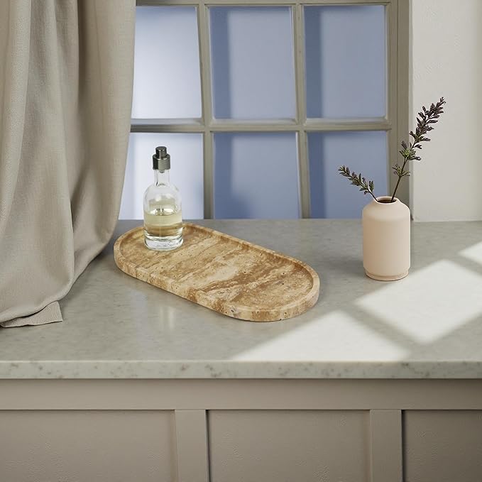 Marble Vanity Tray Organizer - 9.8"x5" Italy Natural Stone Decorative Tray,Jewelry, Perfume & Candle Display Tray,Bathroom Vanity, Dresser Top, Nightstand Decor