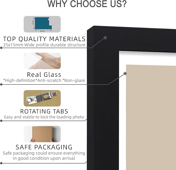 Hongkee 8x10 Picture Frame Set of 4, Made of Real Glass and Black Wooden Frame, 8 by 10 Photo for Wall or Tabletop - Display Picture 5x7 with Mat or 8x10 Without Mat