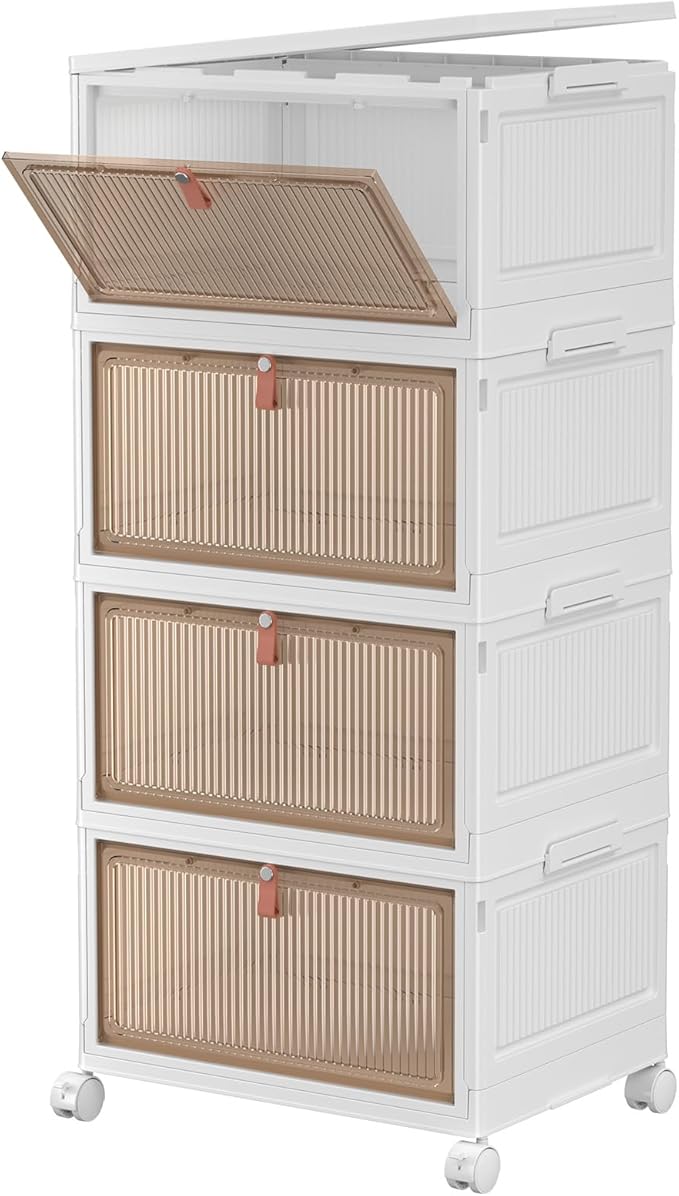 4 Tier Stackable Storage Bins with Lids, 28Qt Plastic Storage Containers with Magnetic Doors & Wheels, Convenient Storage Bins Closet Organizers, Rigid Household Organization for Home