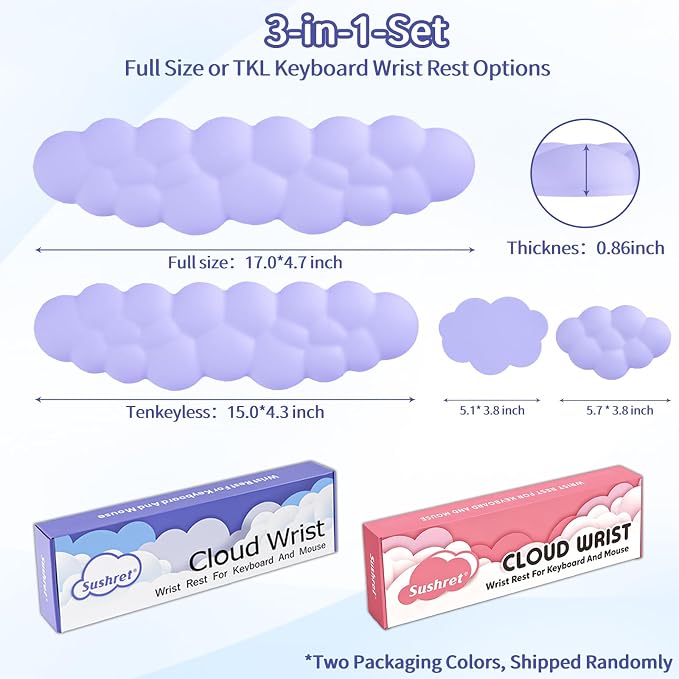 Sushret Cloud Wrist Rest Keyboard, Cloud Keyboard Wrist Pad Set with PU Leather Memory Foam, Cute Arm Rest for Palm Support, PC/Gaming Desk Accessories/Office Setup/Computer Hand Cushion - Purple