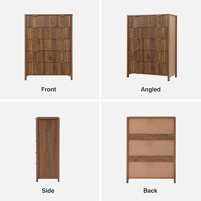 5 Drawer Dressers for Bedroom, Modern Closet Chest of Drawers with Waveform Fluted Panel, Large Wood Storage Dresser Organizer for Nursery Bedroom Living Room Hallway Closet, Walnut