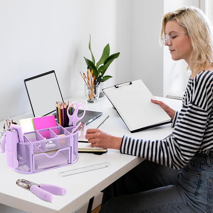 17 in 1 Purple Desk Organizers and Accessories Set, 3 Office Desk Supplies Storage Organization, 4 Pens, Stapler, Staples & Remover, Tape & Dispenser, Scissors, Ruler, Clips, Hole Punch Back to School