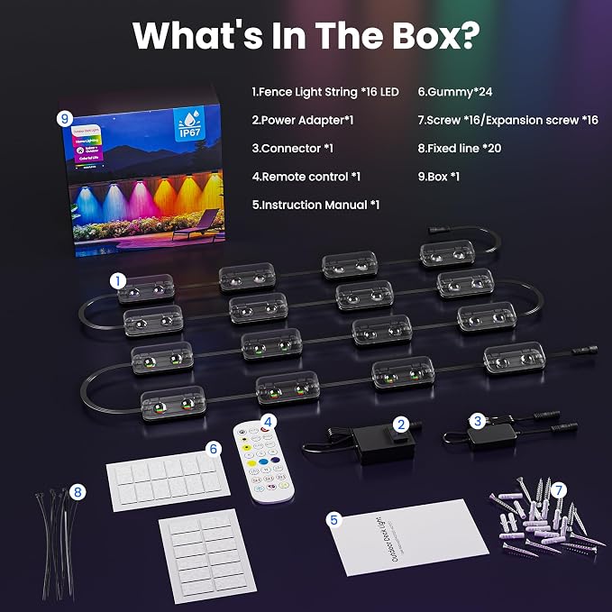 16 Packs Outdoor Deck Lights, Smart RGBIC Fence Light, with APP/Remote Control, 16 Million Monochrome Modes,IP67 Waterproof, Color Changing Fence Lights for Fence(100ft)