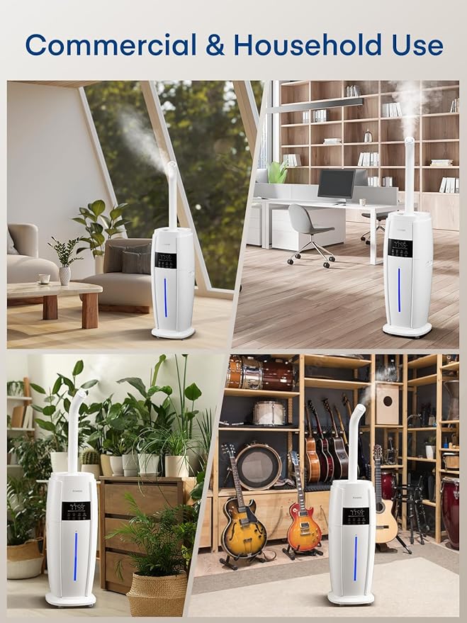 FOHERE 4.8Gal/18L Humidifier Large Room, Easy Top Fill Cool Mist Tower Humidifiers Quiet for Home, Plant, Office, Commercial, Whole House Cover up to 1500ft², with Smart Humidity Sensor, Remote, White