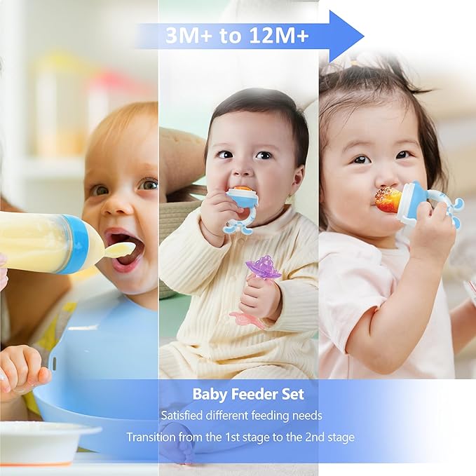 WAJIAYON Baby Fruit Feeder Pacifier- 3 Pack | Infant Food Feeder Pacifier & Baby Food Dispensing Spoon | Mesh Fresh Fruit Teethers for Babies | Shower Gifts for Boys and Girls (Sky Blue)