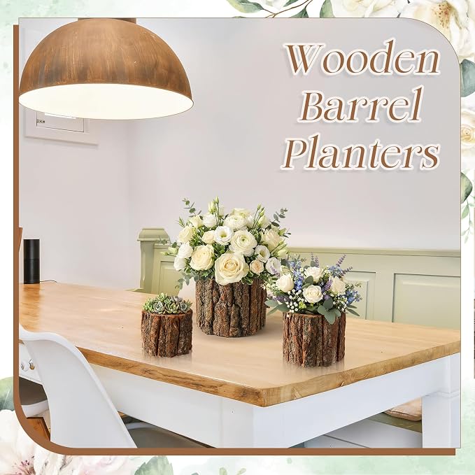 12 Pcs Wooden Vase for Centerpieces Wedding Flower Table Centerpieces Woodland Party Decor Rustic Farmhouse Bark Stump Buckets Vintage Planter Pots for Garden Baby Shower Window Home (L+m+s)